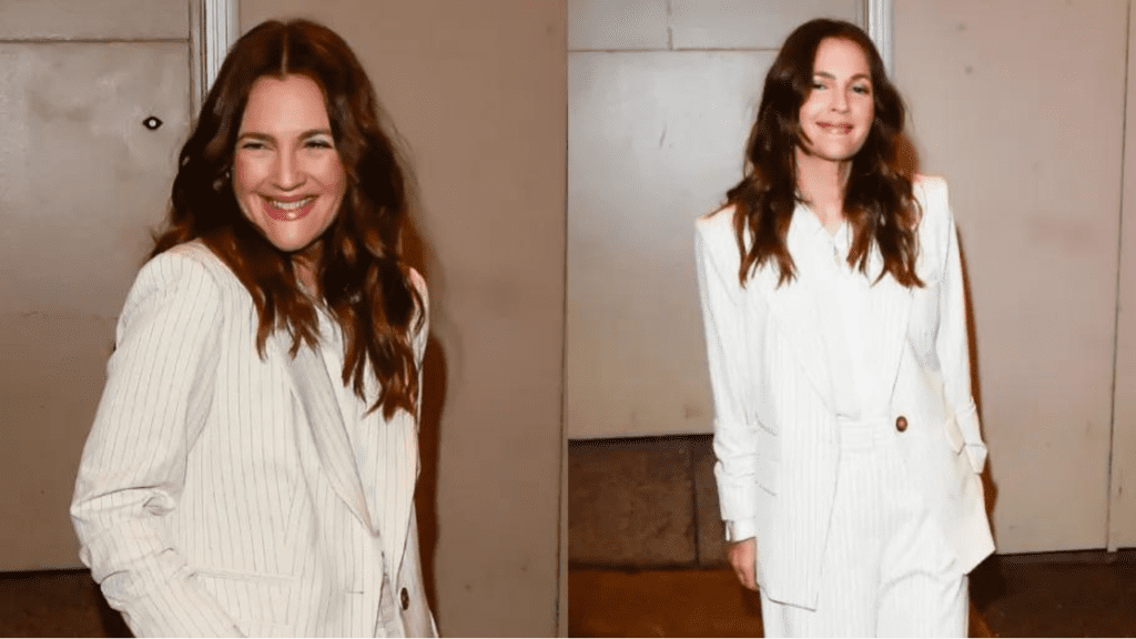 Drew Barrymore in Pin-striped Veronica Beard Suit