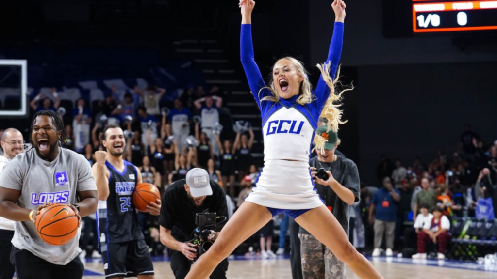 GCU cheerleader Olivia Caldwell celebrates