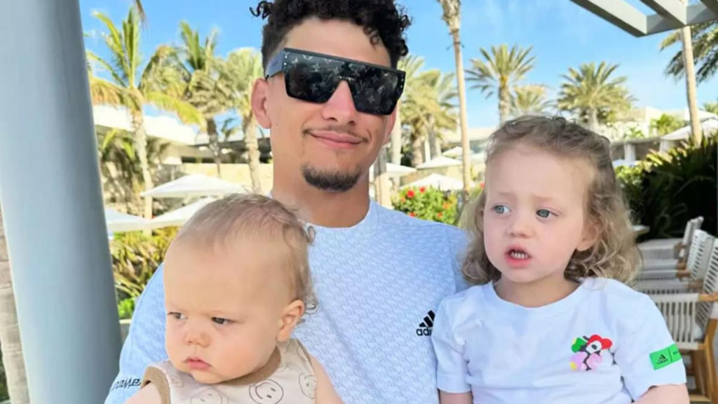 Patrick Mahomes pictured with son Bronze and daughter Sterling