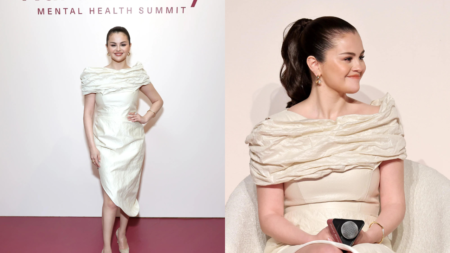 Selena Gomez Embraces Sculptural Design Pearl Crush Cocktail Dress